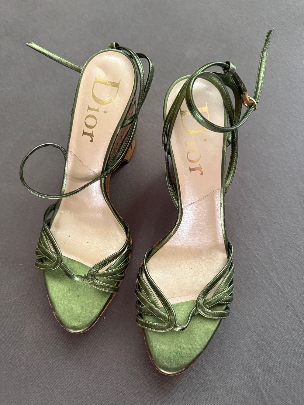 Dior Metallic Green Strappy Ankle-Tie Platforms